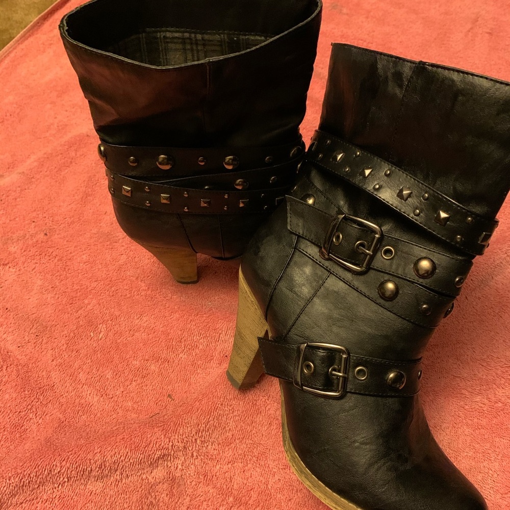 Black Faux Leather Studded Strapped Boots